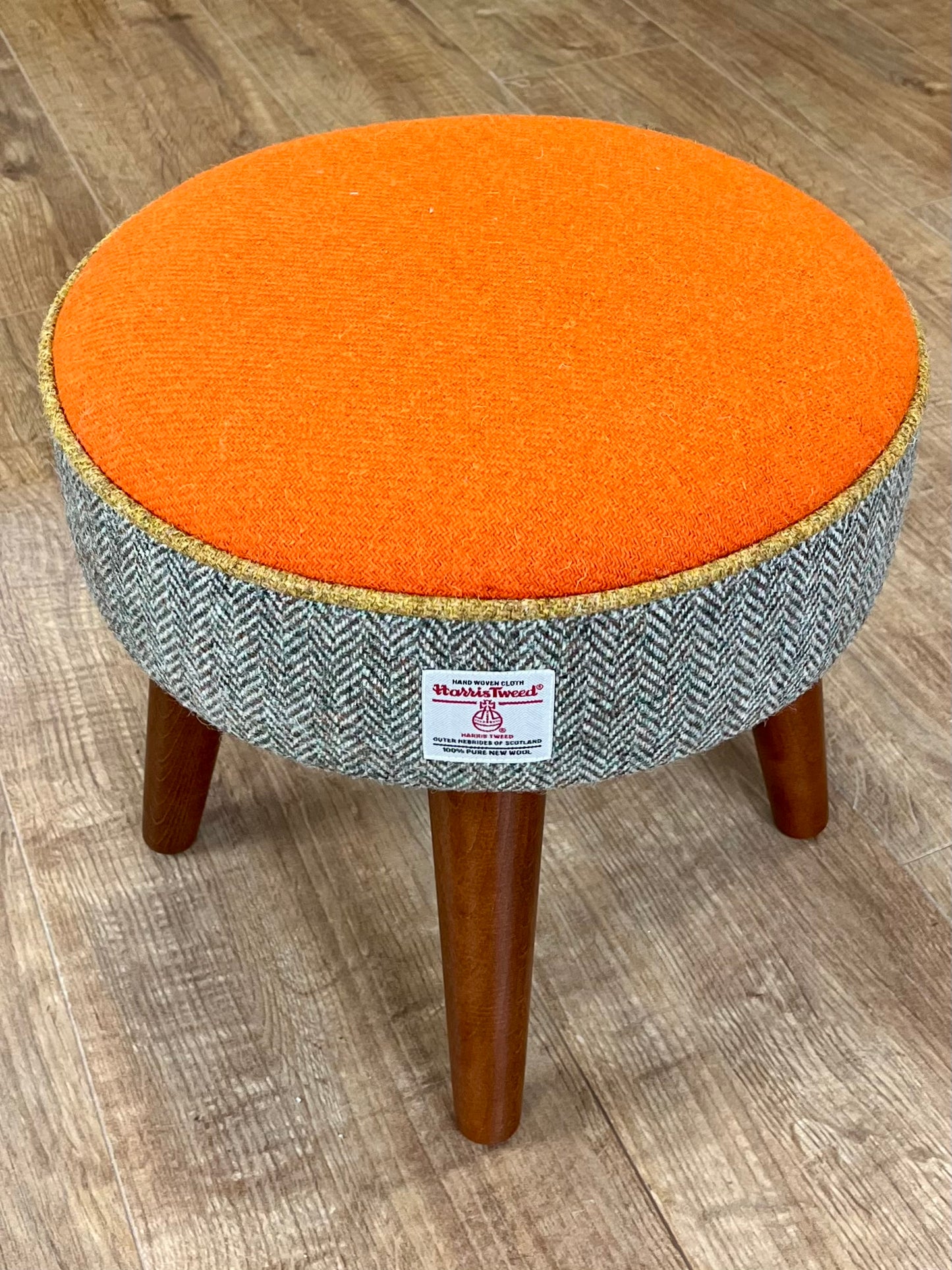 Orange and Overcheck Harris Tweed Footstool with Mustard Piping and Dark Varnished Wooden Legs (Copy)