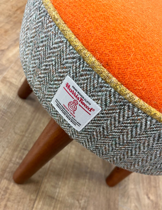 Orange and Overcheck Harris Tweed Footstool with Mustard Piping and Dark Varnished Wooden Legs (Copy)