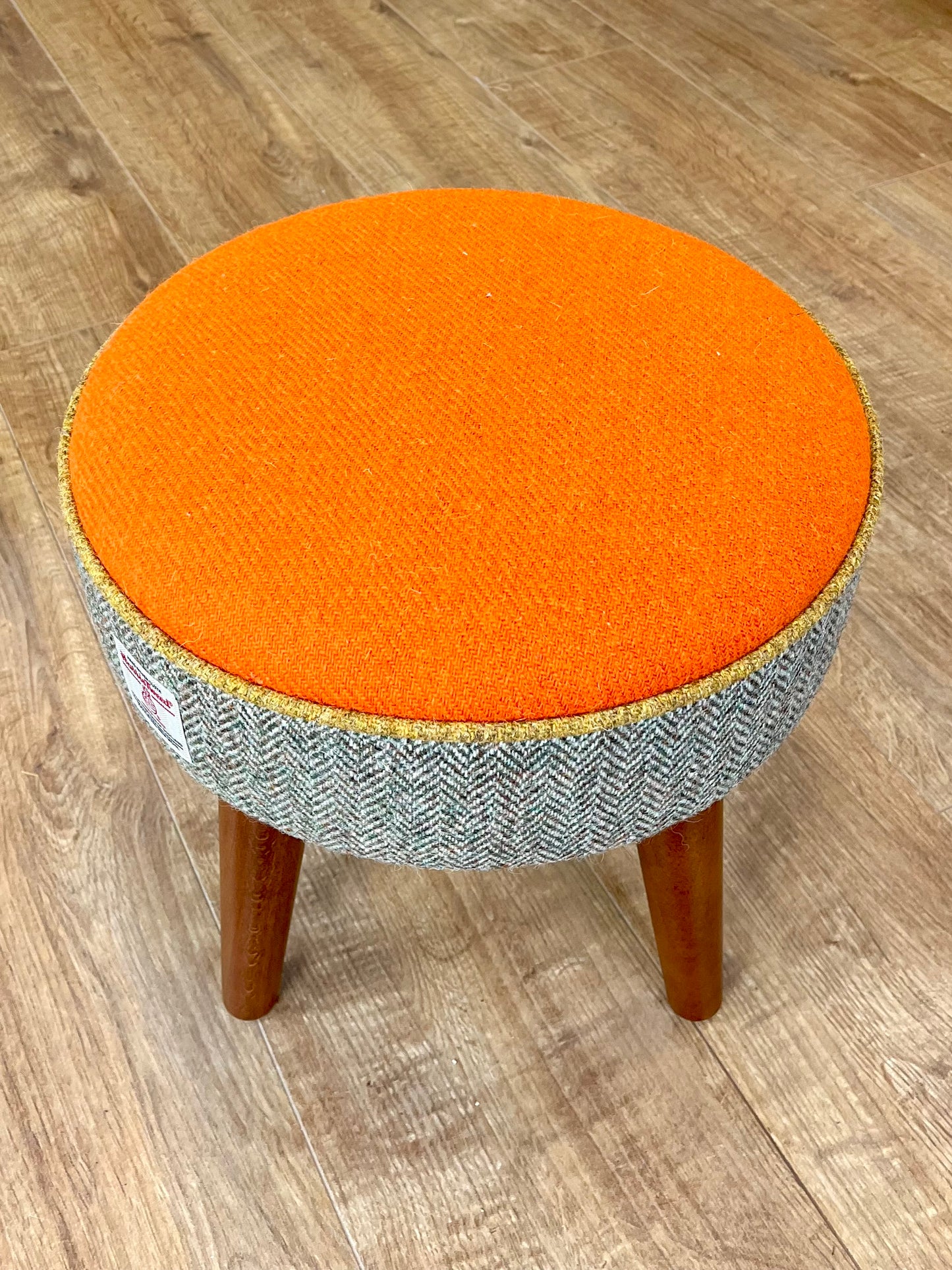 Orange and Overcheck Harris Tweed Footstool with Mustard Piping and Dark Varnished Wooden Legs (Copy)