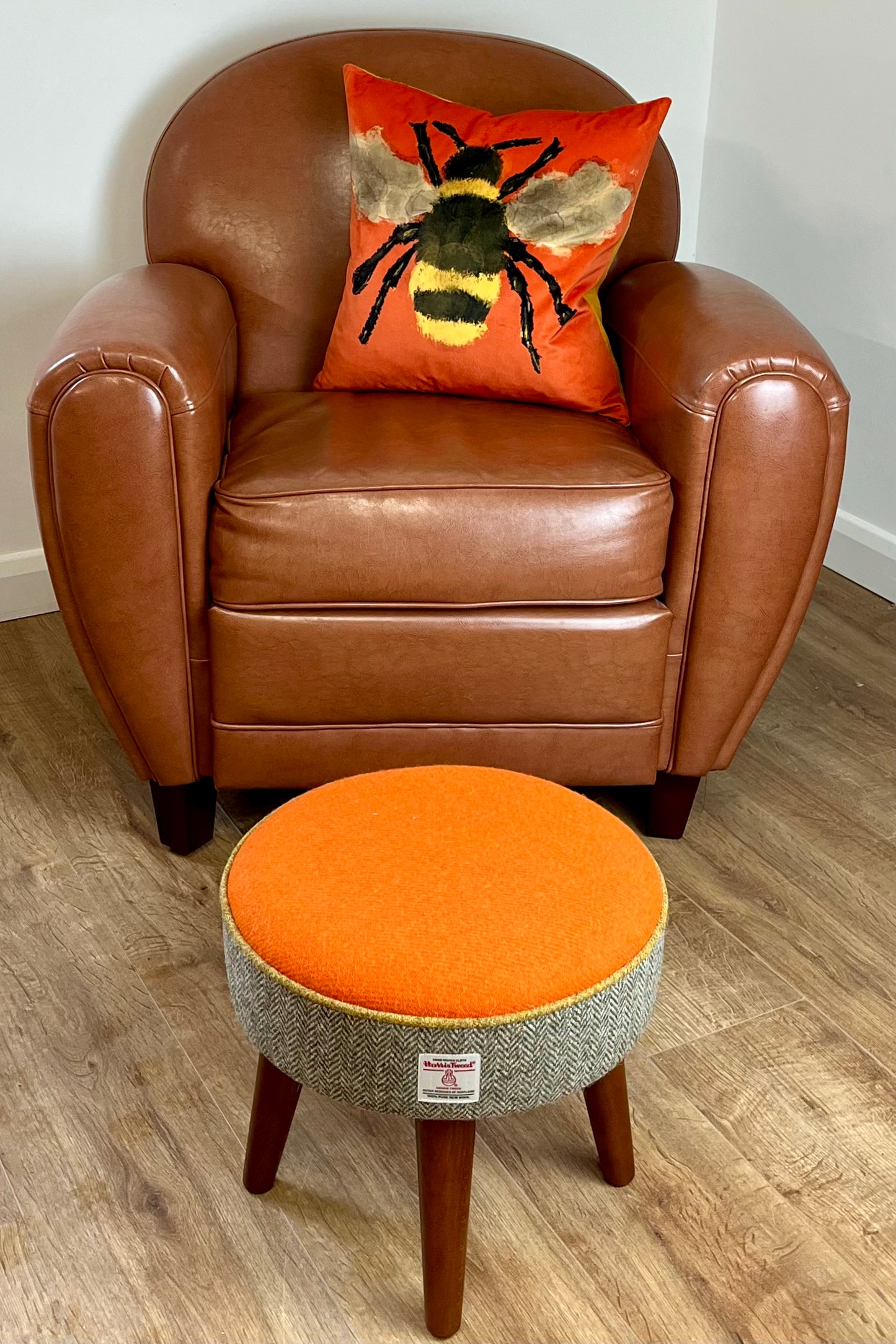 Orange and Overcheck Harris Tweed Footstool with Mustard Piping and Dark Varnished Wooden Legs (Copy)
