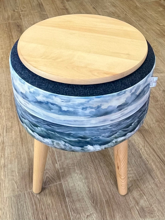 Sheigra Sea Velvet and Navy Harris Tweed End Table with Light Wooden Legs and Top