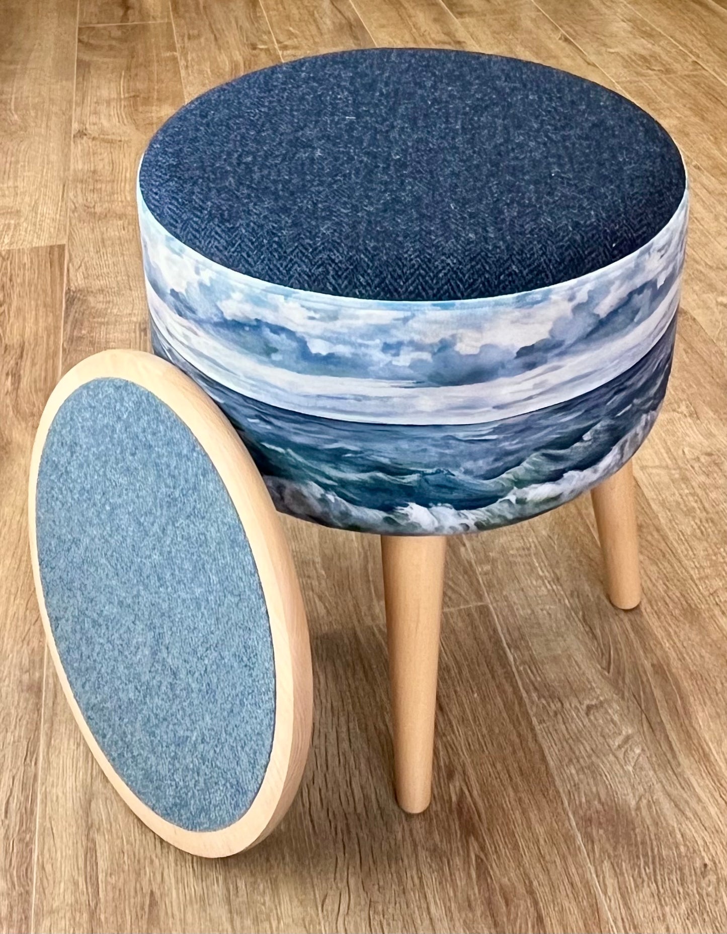 Sheigra Sea Velvet and Navy Harris Tweed End Table with Light Wooden Legs and Top