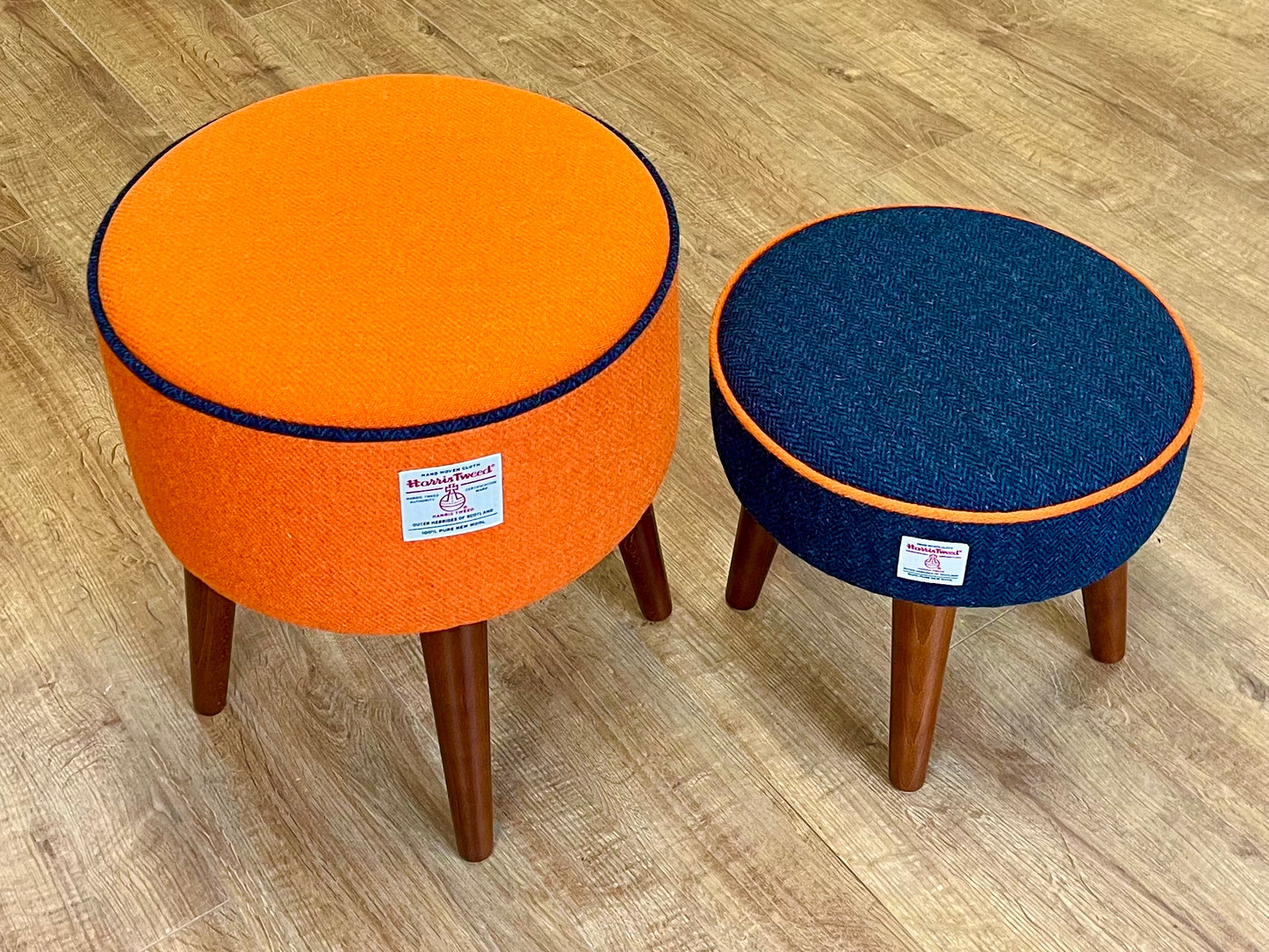 Orange Harris Tweed End Table with Navy Piping and Removable Wooden Top