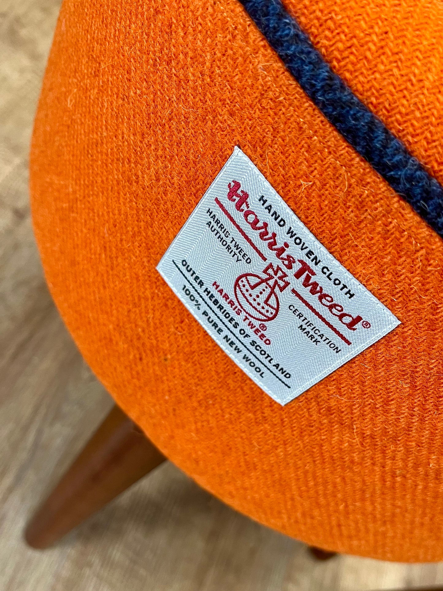 Orange Harris Tweed End Table with Navy Piping and Removable Wooden Top