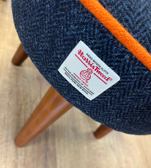 Navy Blue Harris Tweed Footstool with Orange Piping and Dark Varnished Wooden Legs