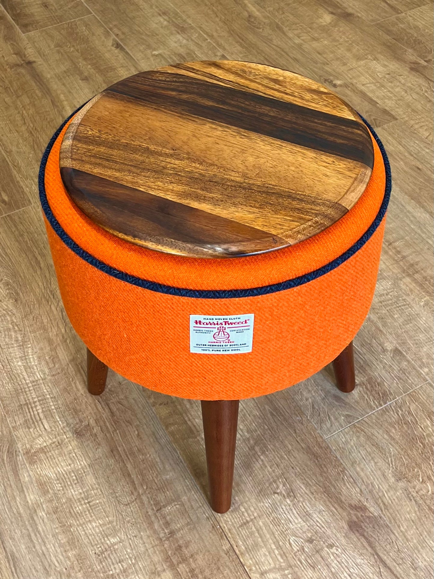Orange Harris Tweed End Table with Navy Piping and Removable Wooden Top