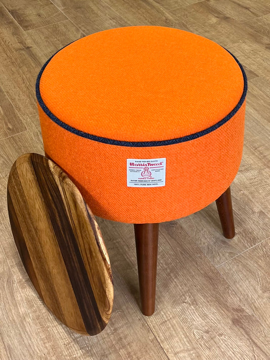 Orange Harris Tweed End Table with Navy Piping and Removable Wooden Top