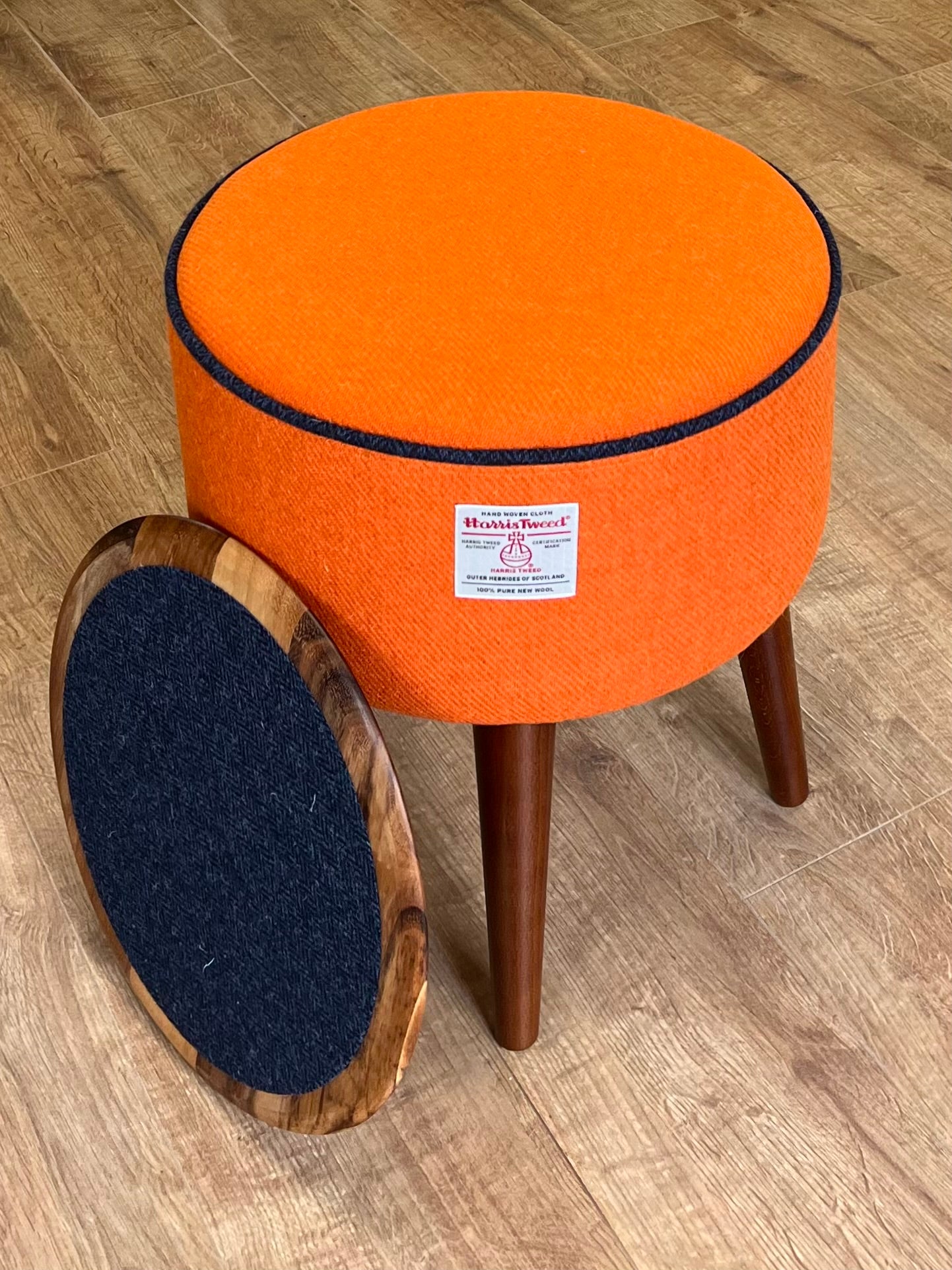 Orange Harris Tweed End Table with Navy Piping and Removable Wooden Top