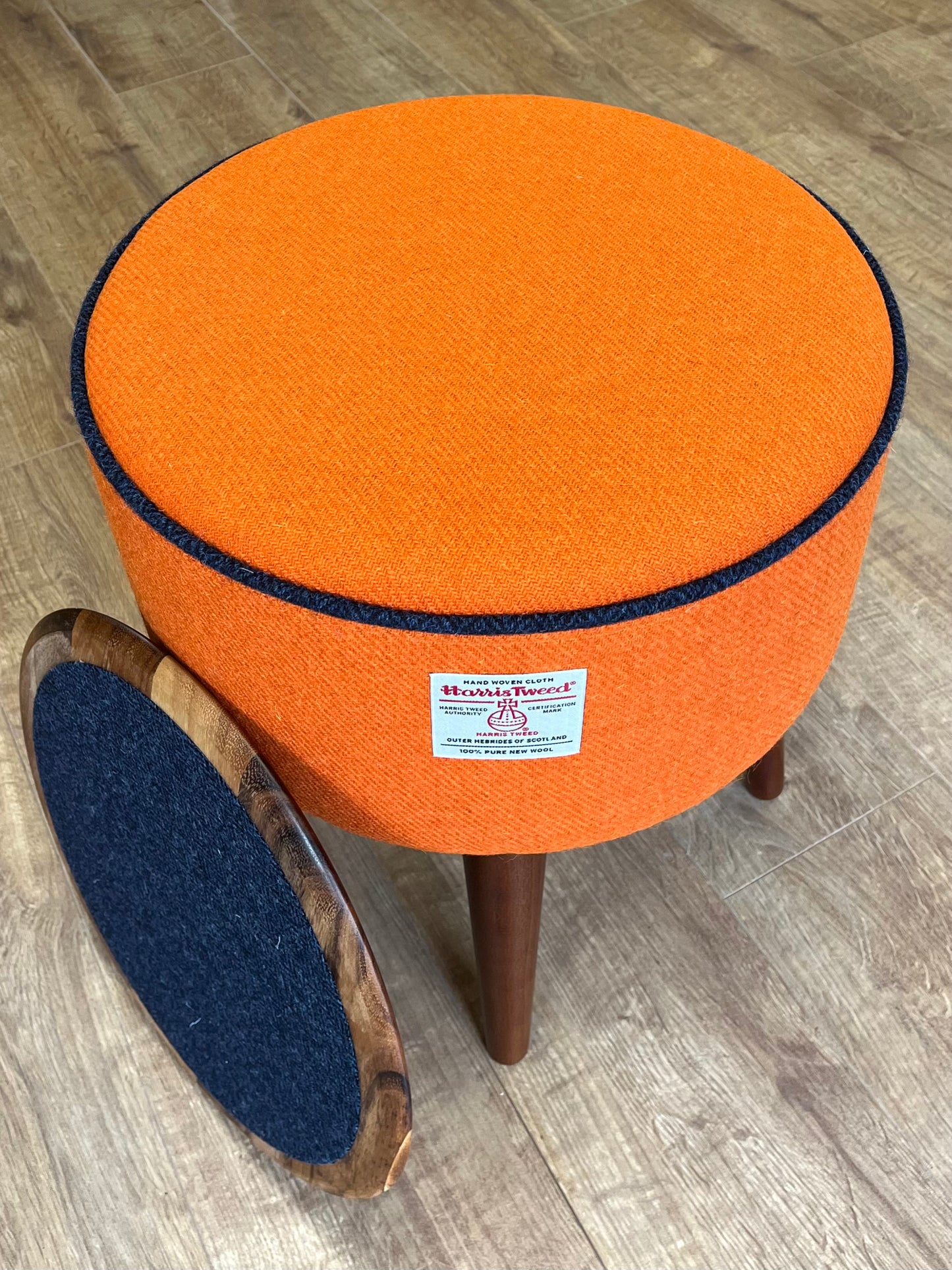 Orange Harris Tweed End Table with Navy Piping and Removable Wooden Top