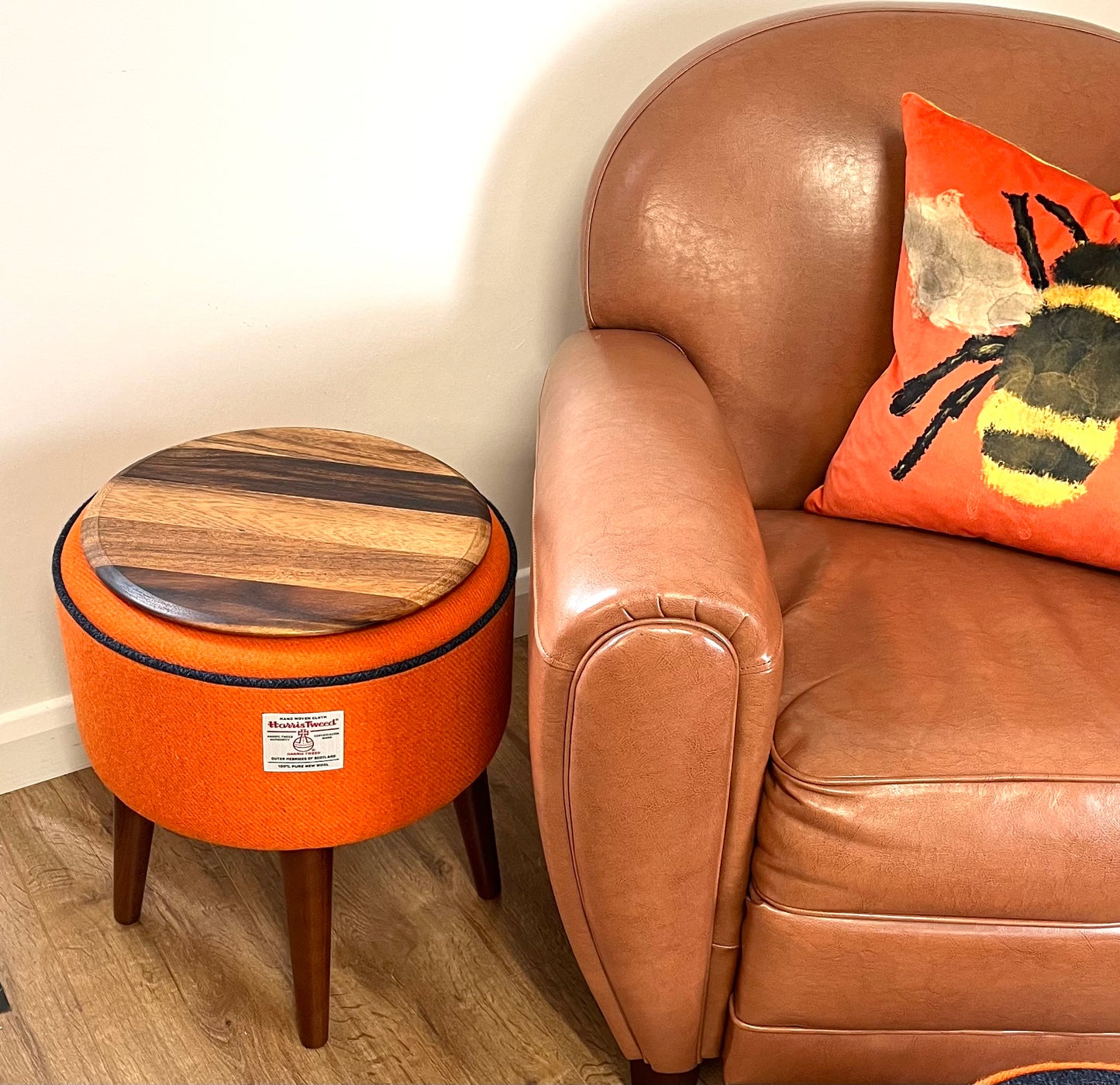 Orange Harris Tweed End Table with Navy Piping and Removable Wooden Top