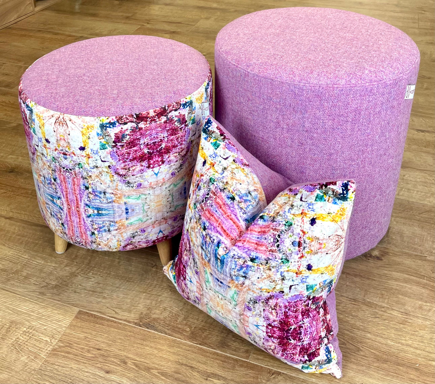 Paint Spray Velvet Chunky Footstool with Pink Lilac Harris Tweed
