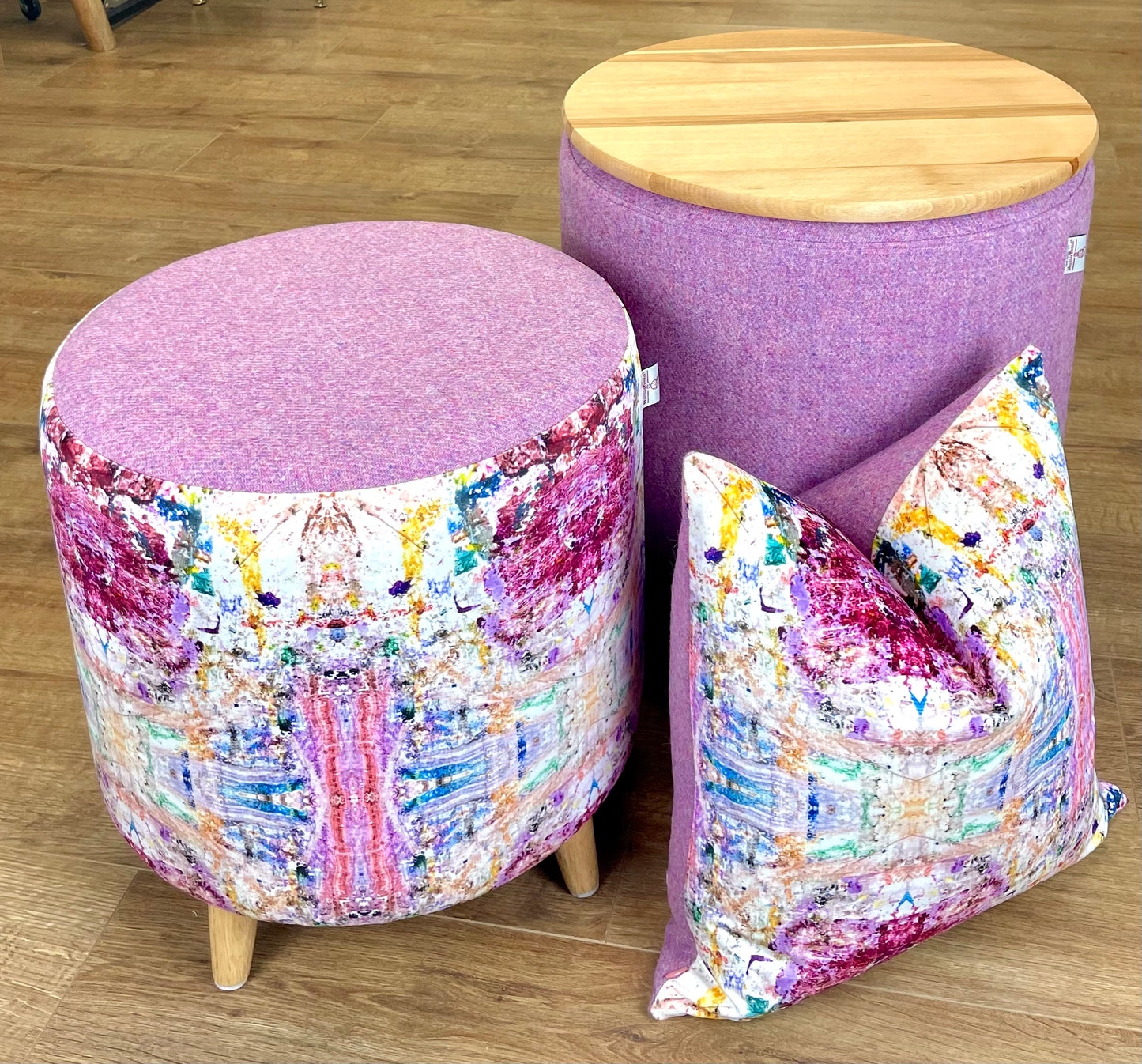 Paint Spray Velvet and Pink Harris Tweed Cushion 18”