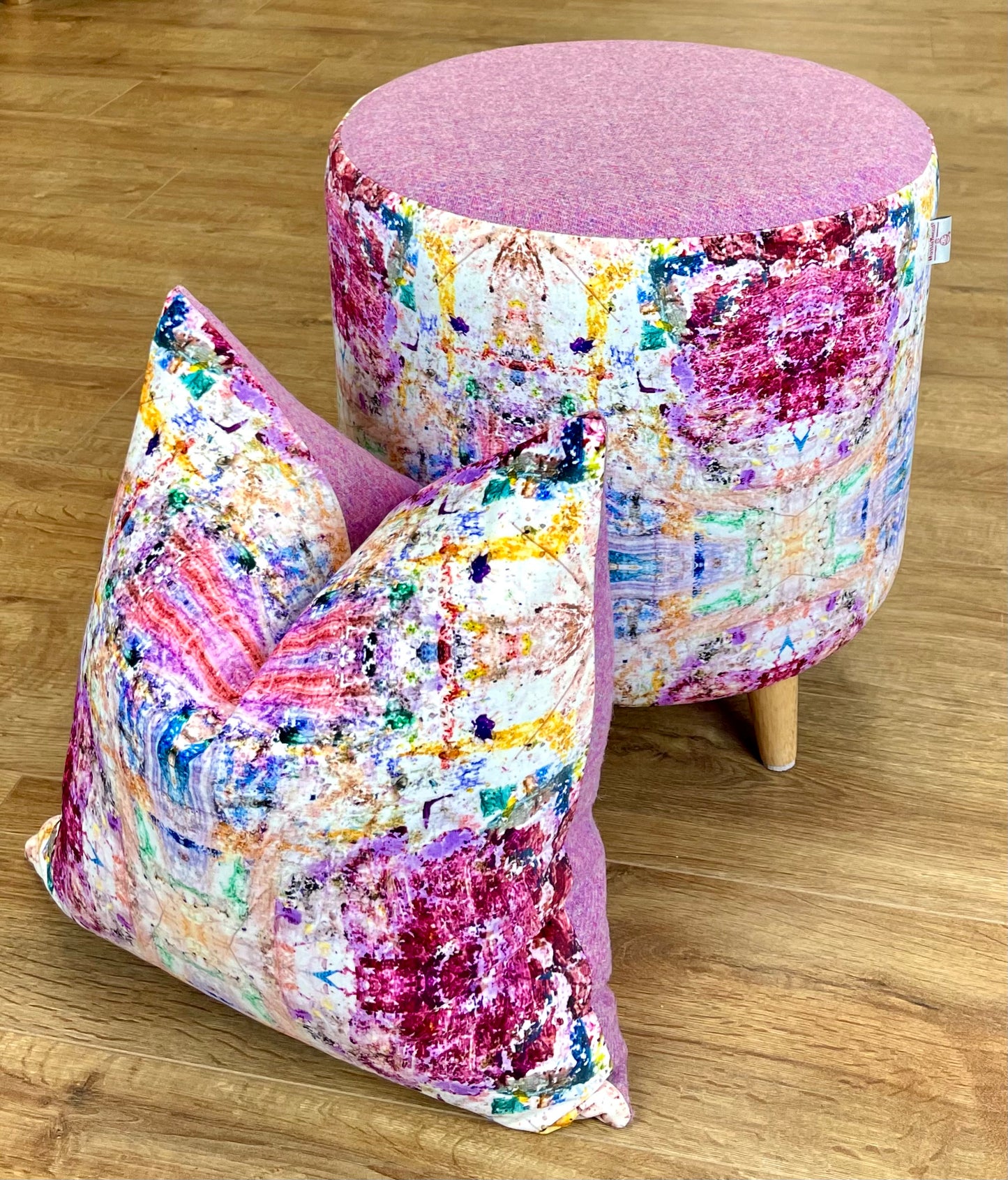 Paint Spray Velvet and Pink Harris Tweed Cushion 18”