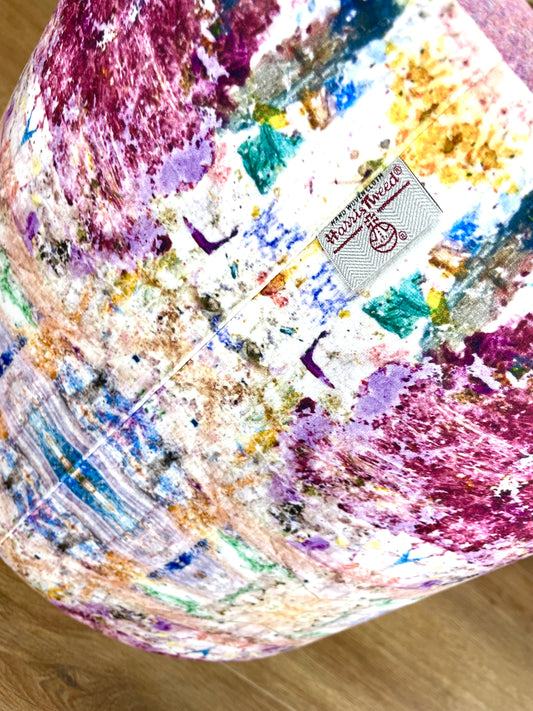 Paint Spray Velvet Chunky Footstool with Pink Lilac Harris Tweed