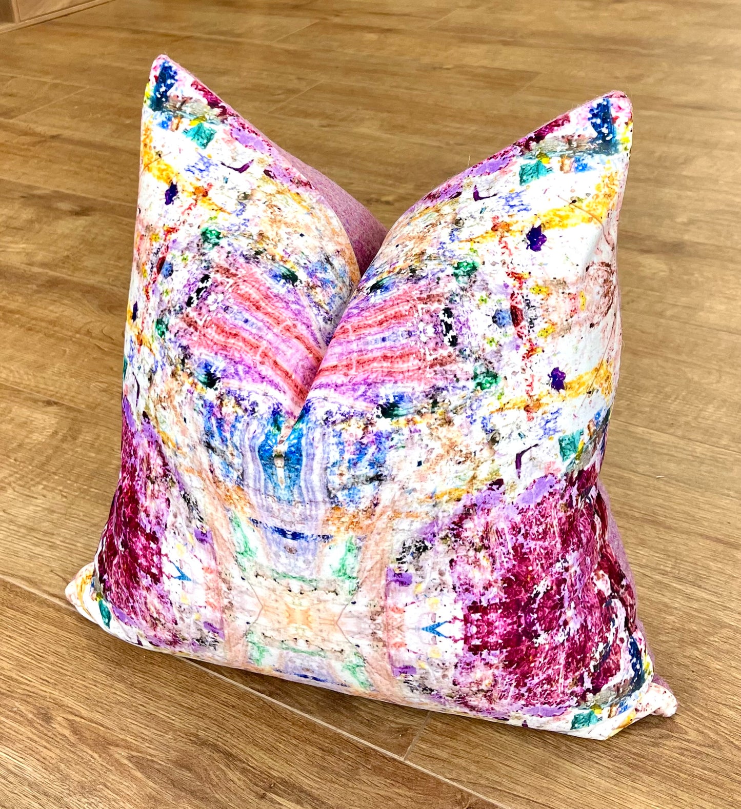 Paint Spray Velvet and Pink Harris Tweed Cushion 18”