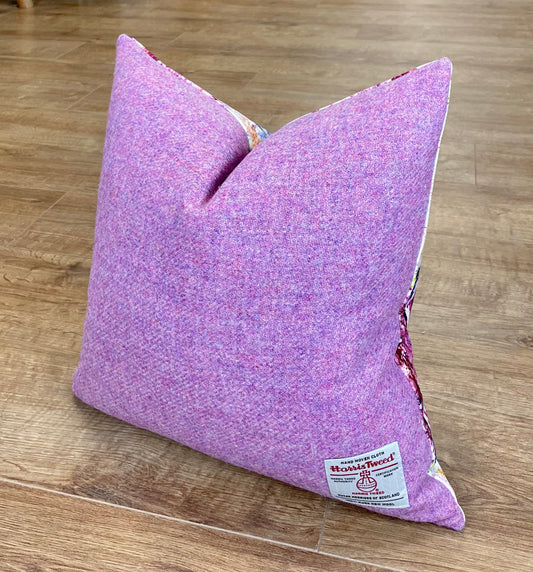 Paint Spray Velvet and Pink Harris Tweed Cushion 18”