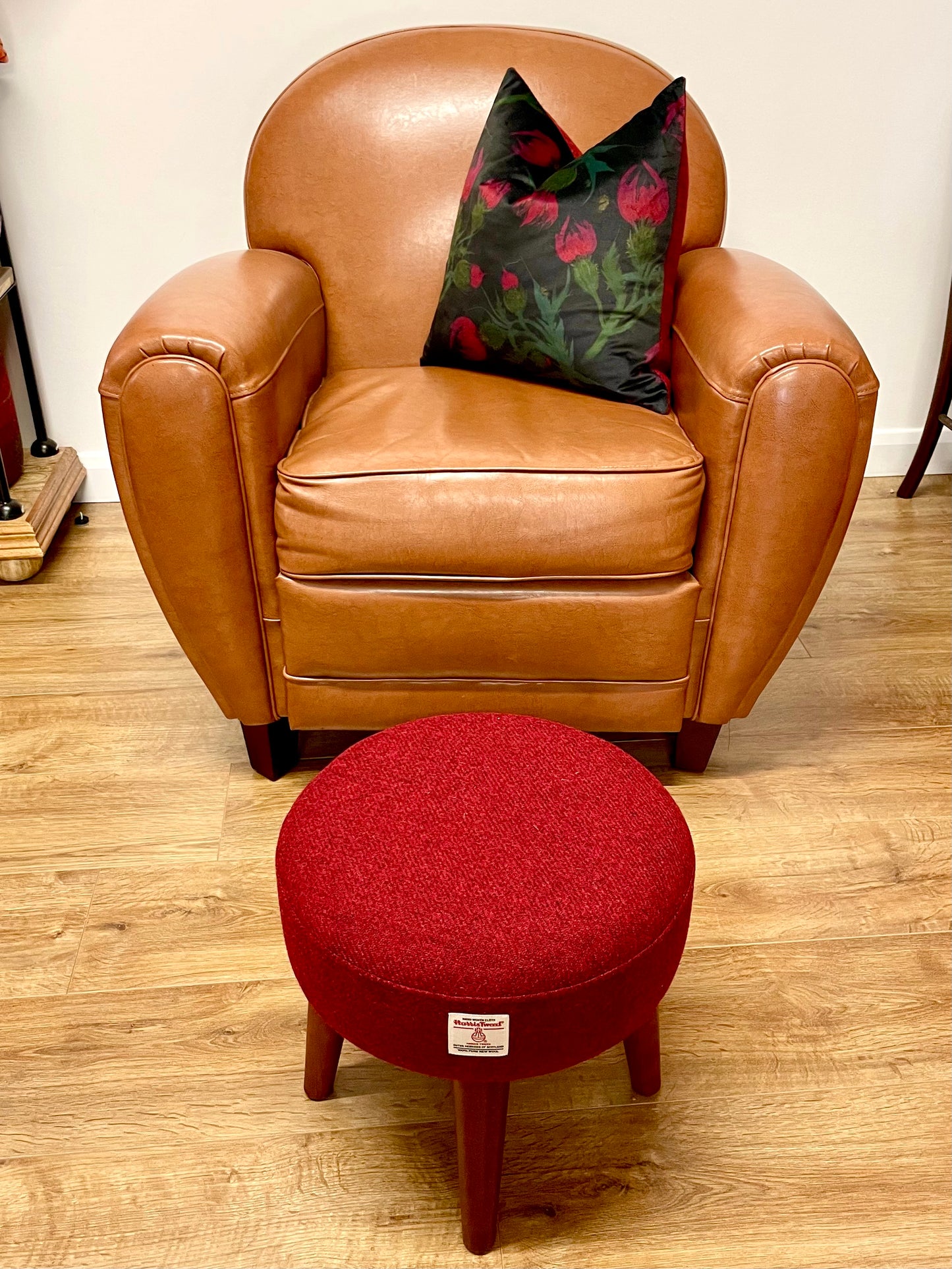 Small Red Harris Tweed Footstool