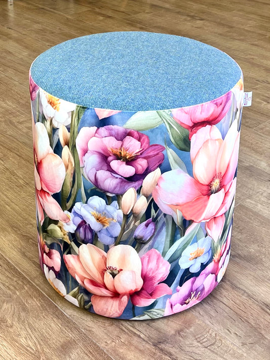 Flower Garden Velvet and Light Blue Harris Tweed Large Chunky Stool