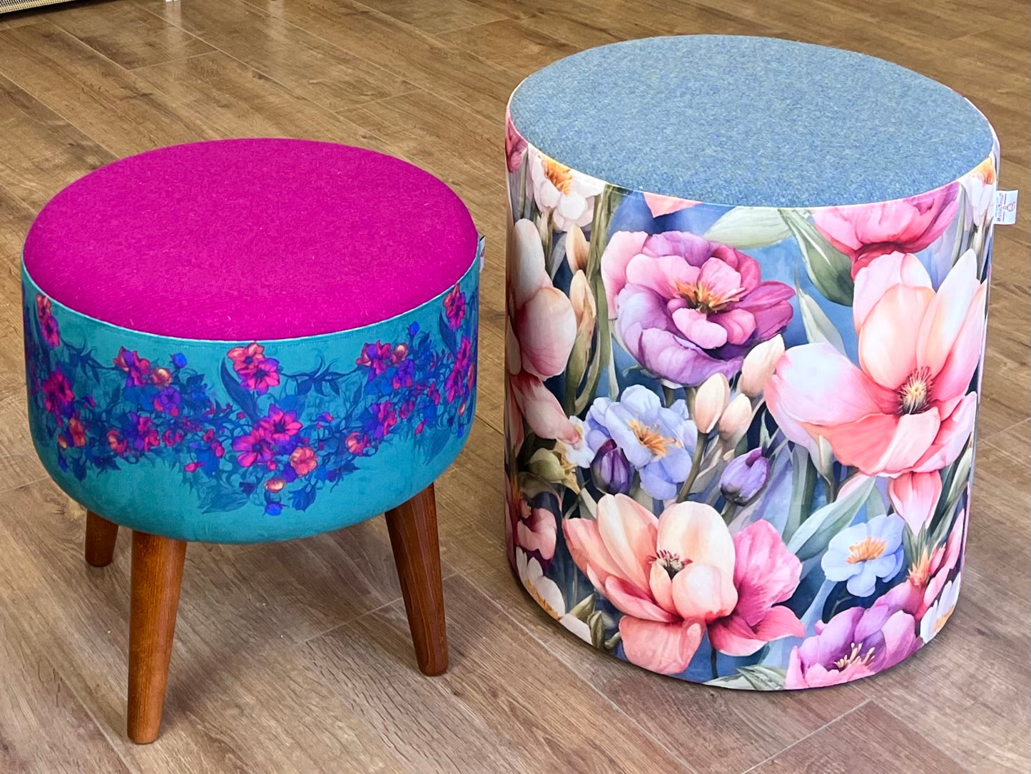 Teal Vines Velvet and Fuchsia Harris Tweed Footstool