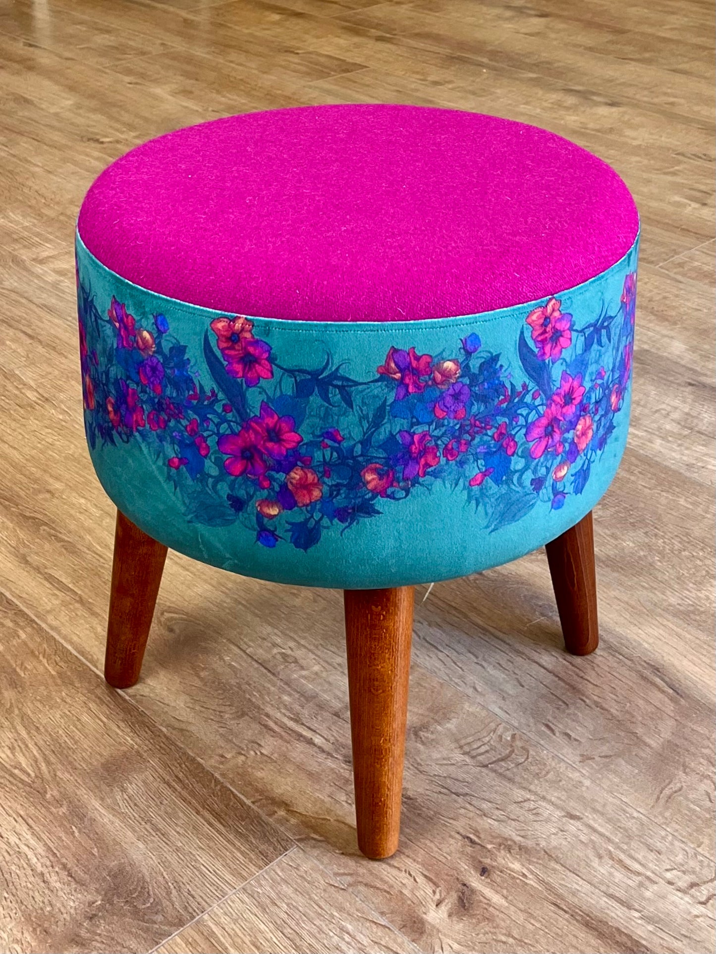 Teal Vines Velvet and Fuchsia Harris Tweed Footstool