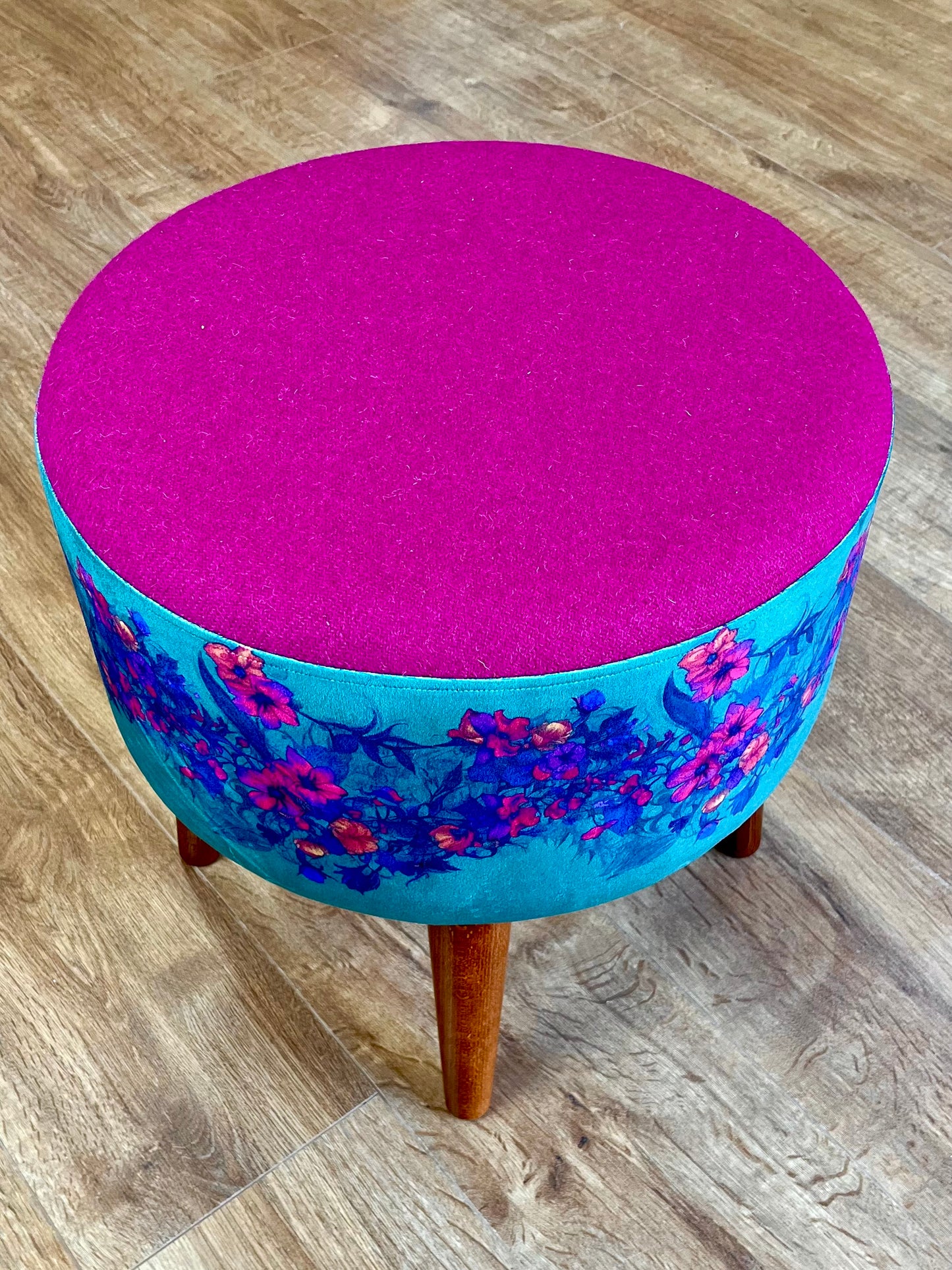 Teal Vines Velvet and Fuchsia Harris Tweed Footstool