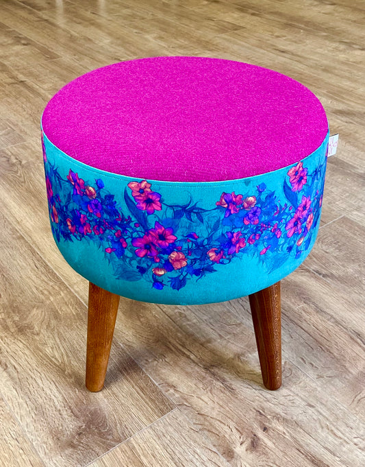 Teal Vines Velvet and Fuchsia Harris Tweed Footstool