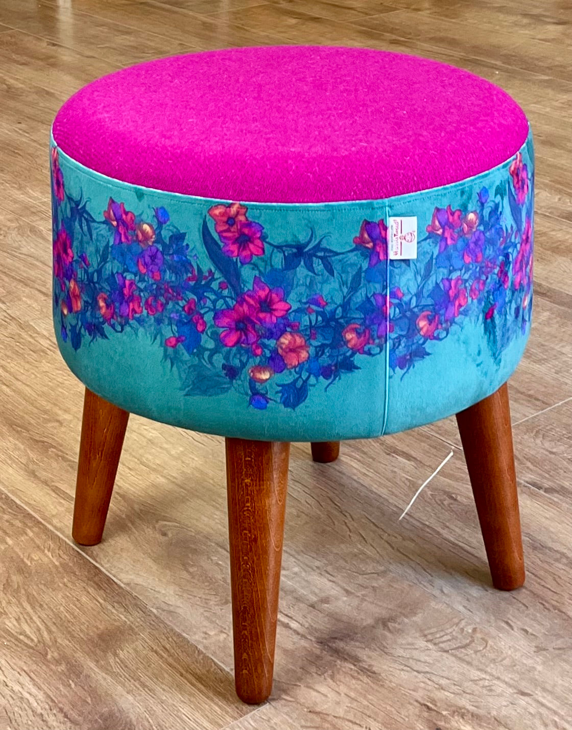 Teal Vines Velvet and Fuchsia Harris Tweed Footstool