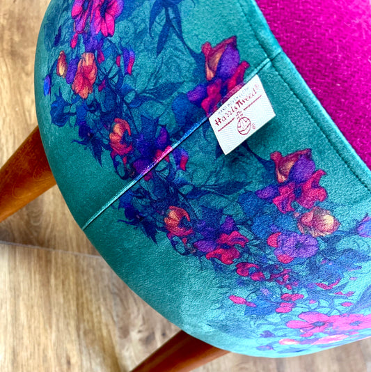 Teal Vines Velvet and Fuchsia Harris Tweed Footstool