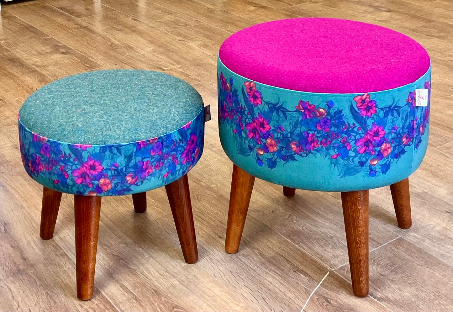 Teal Vines Velvet and Fuchsia Harris Tweed Footstool