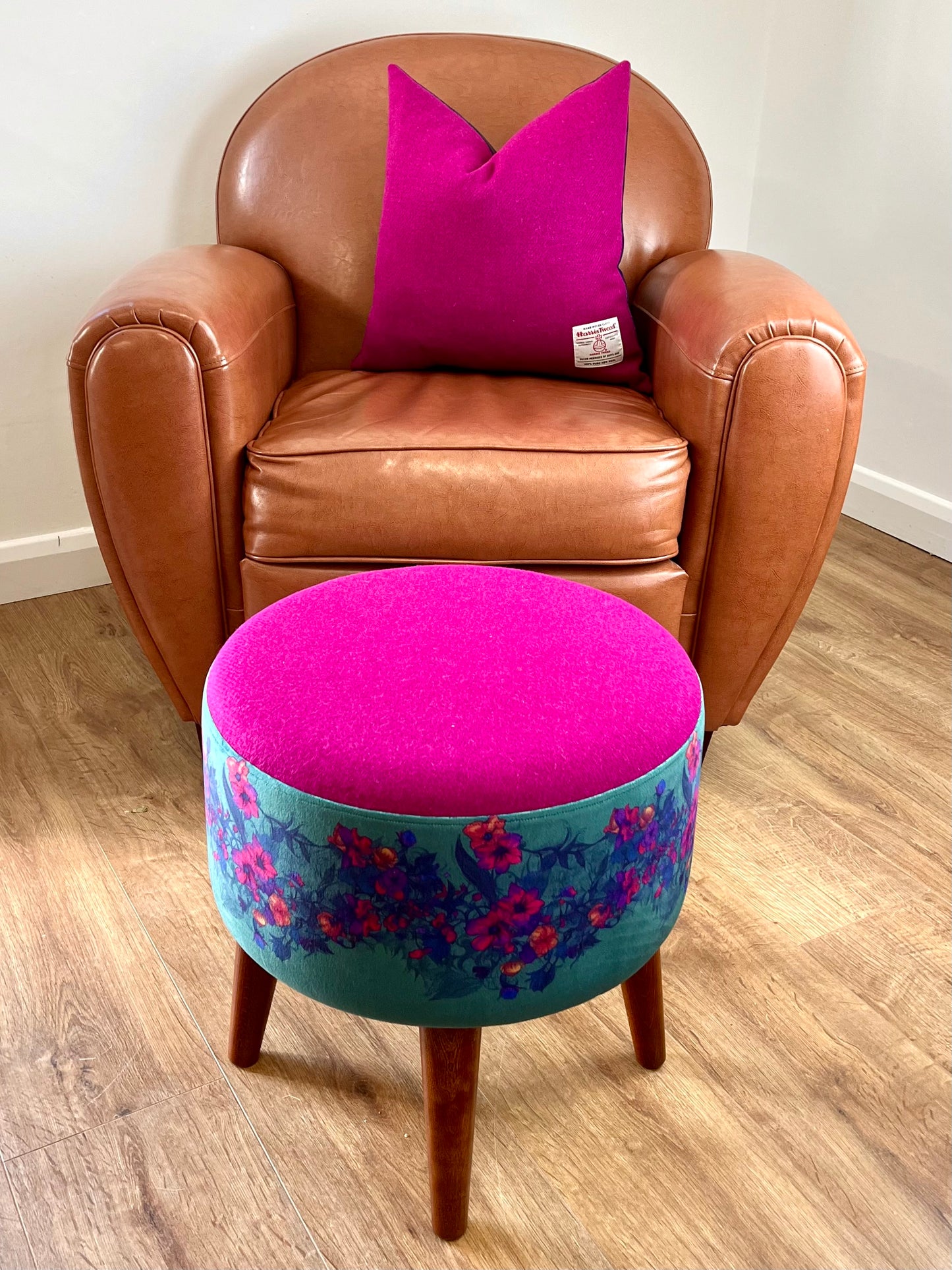 Teal Vines Velvet and Fuchsia Harris Tweed Footstool