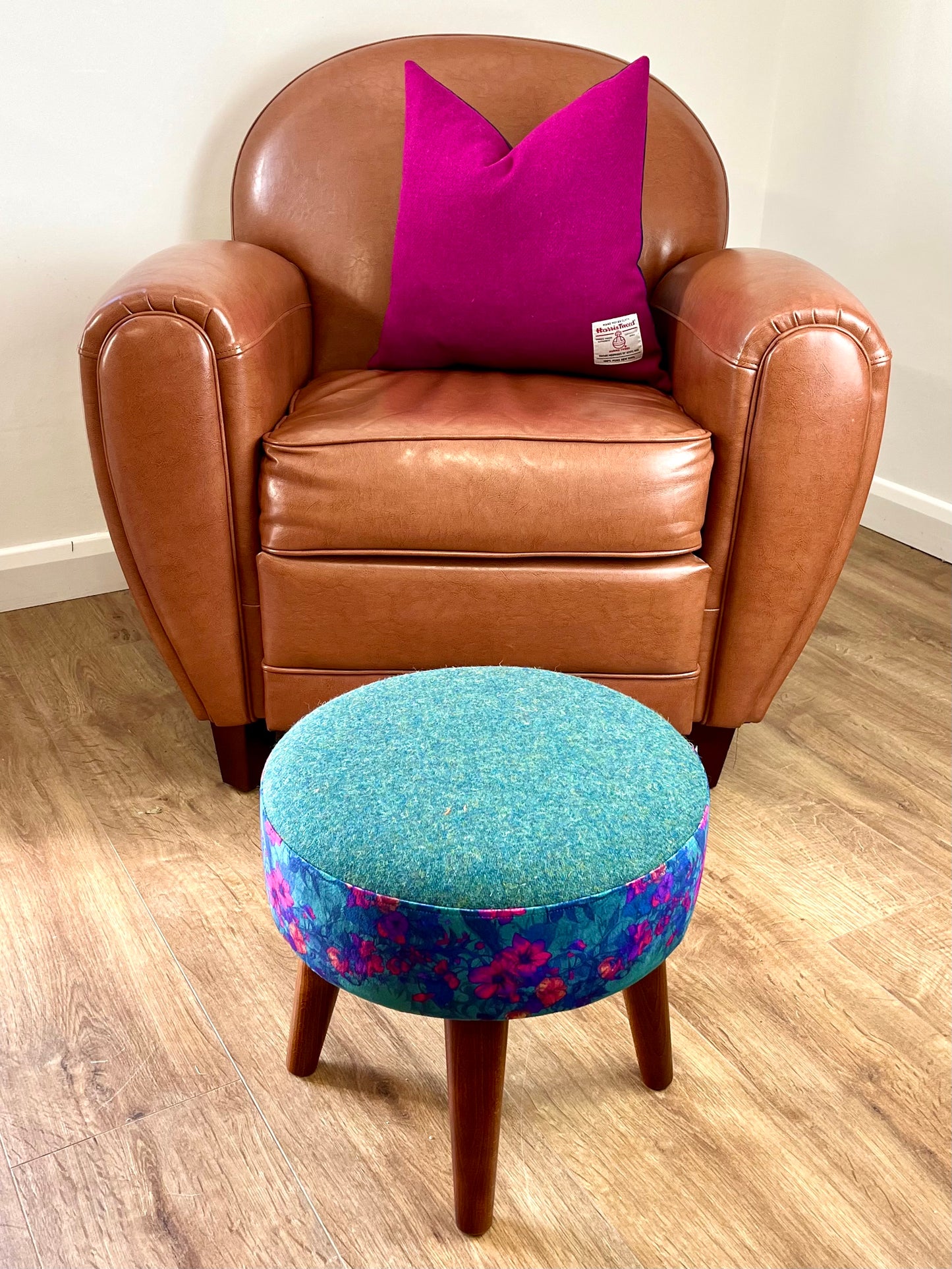 Teal Vines Velvet and Green Harris Tweed Small Footstool