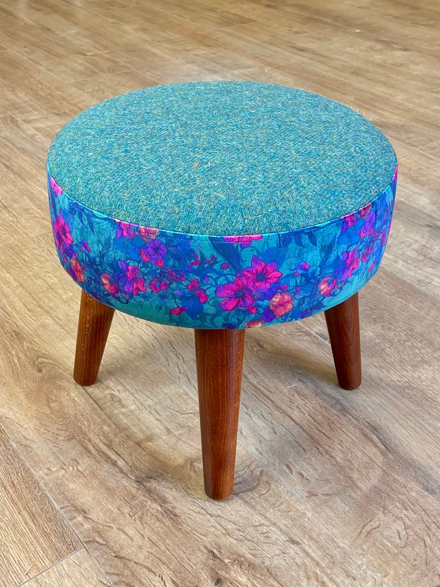 Teal Vines Velvet and Green Harris Tweed Small Footstool