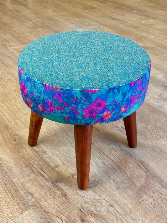 Teal Vines Velvet and Green Harris Tweed Small Footstool