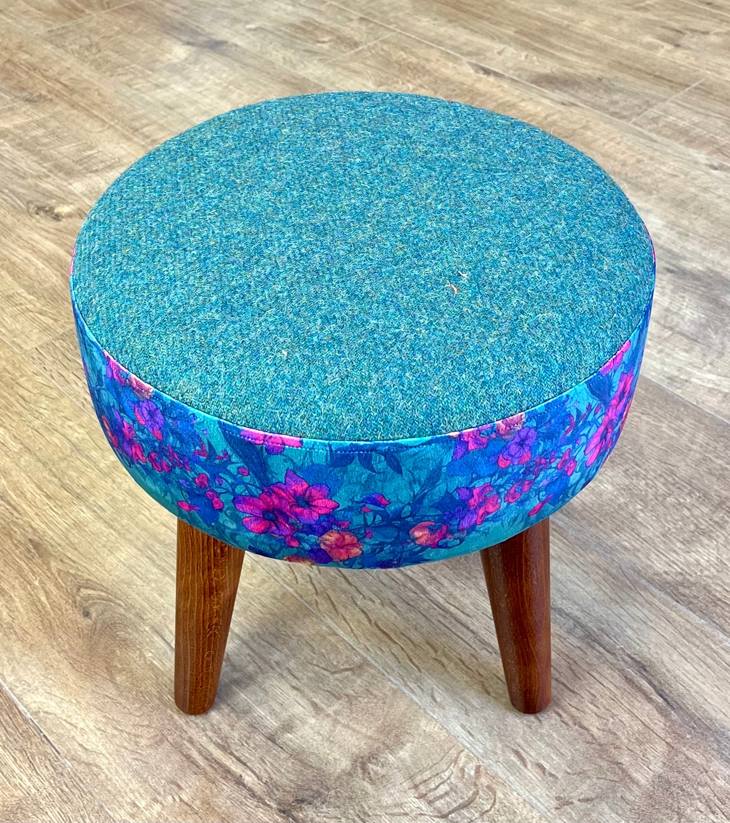 Teal Vines Velvet and Green Harris Tweed Small Footstool
