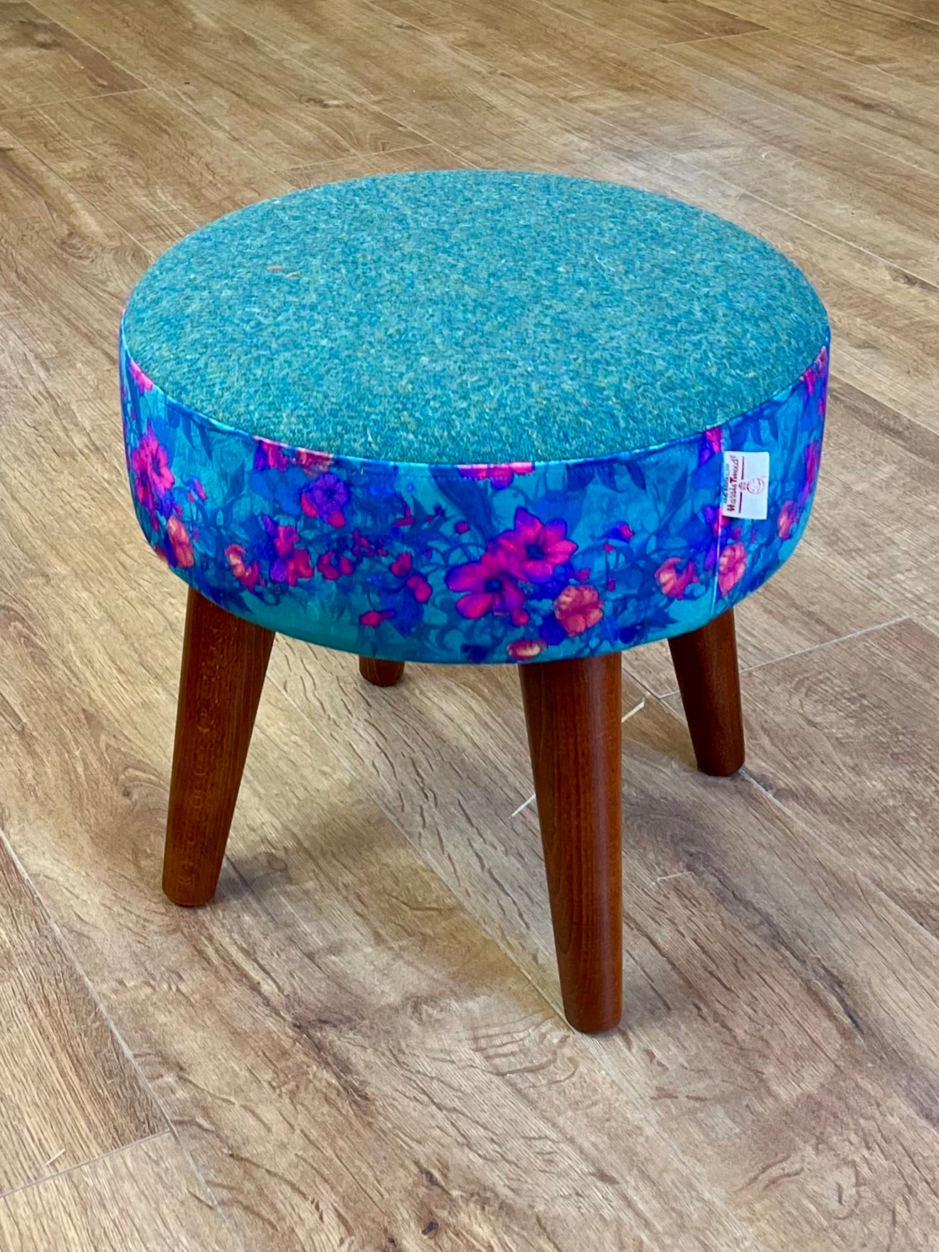 Teal Vines Velvet and Green Harris Tweed Small Footstool