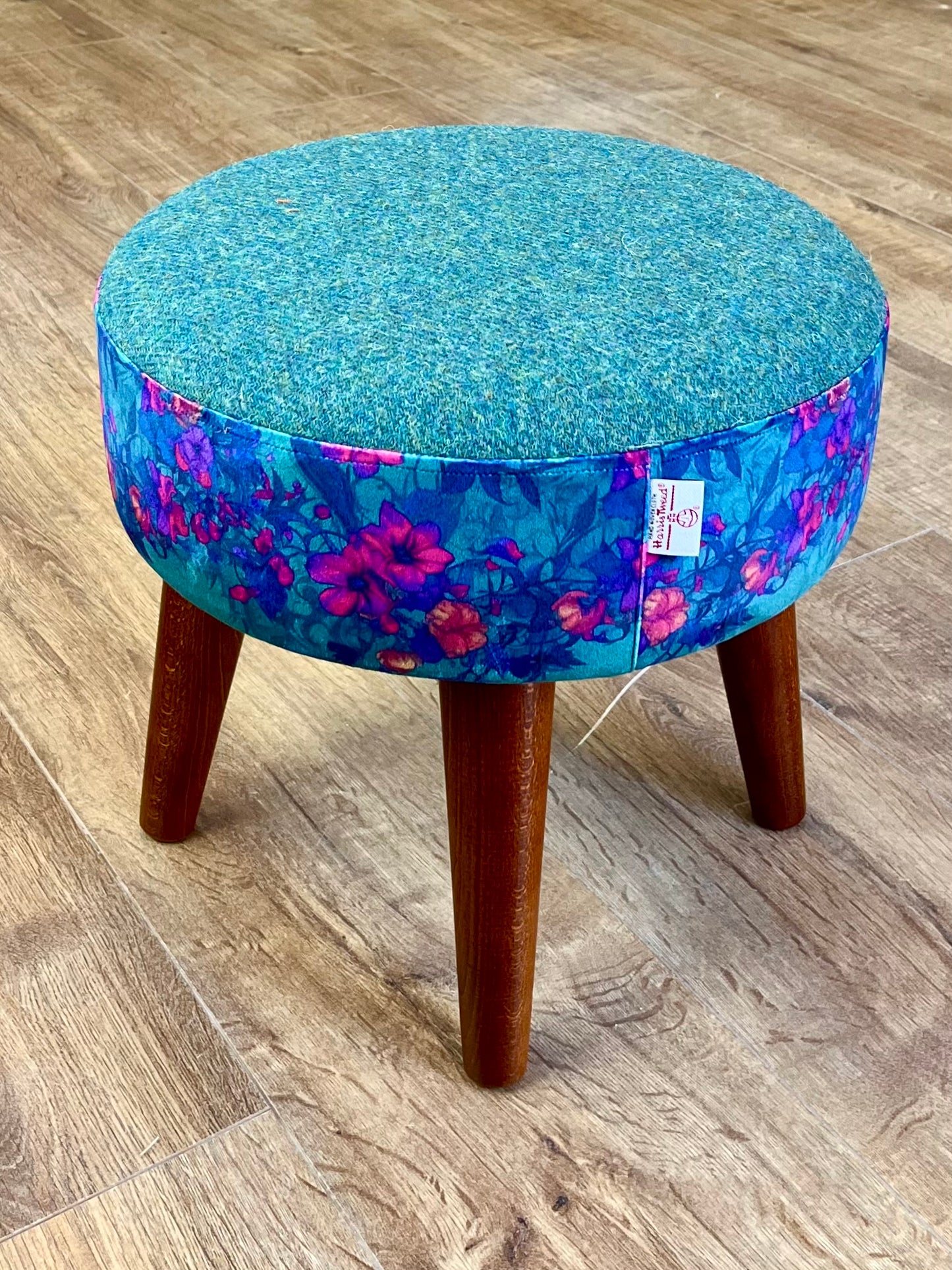 Teal Vines Velvet and Green Harris Tweed Small Footstool