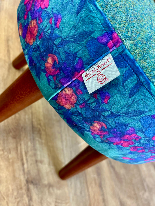 Teal Vines Velvet and Green Harris Tweed Small Footstool