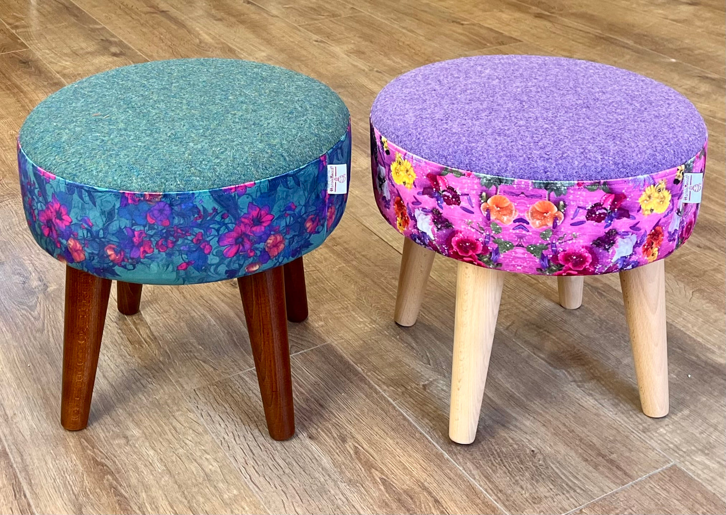 Teal Vines Velvet and Green Harris Tweed Small Footstool