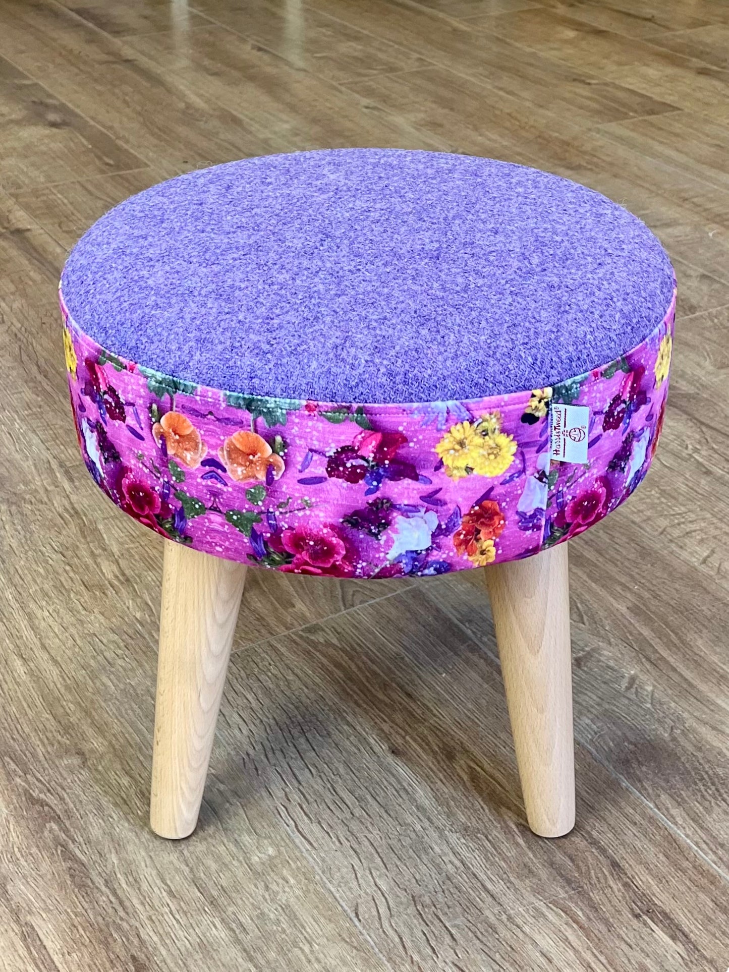 Pink Floral Velvet and Lilac Harris Tweed Small Footstool