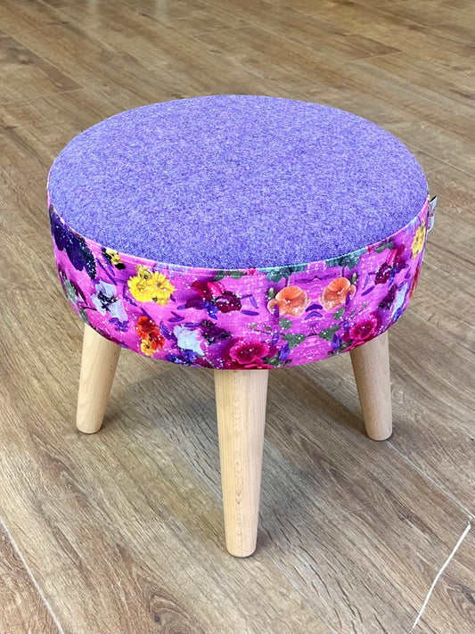 Pink Floral Velvet and Lilac Harris Tweed Small Footstool