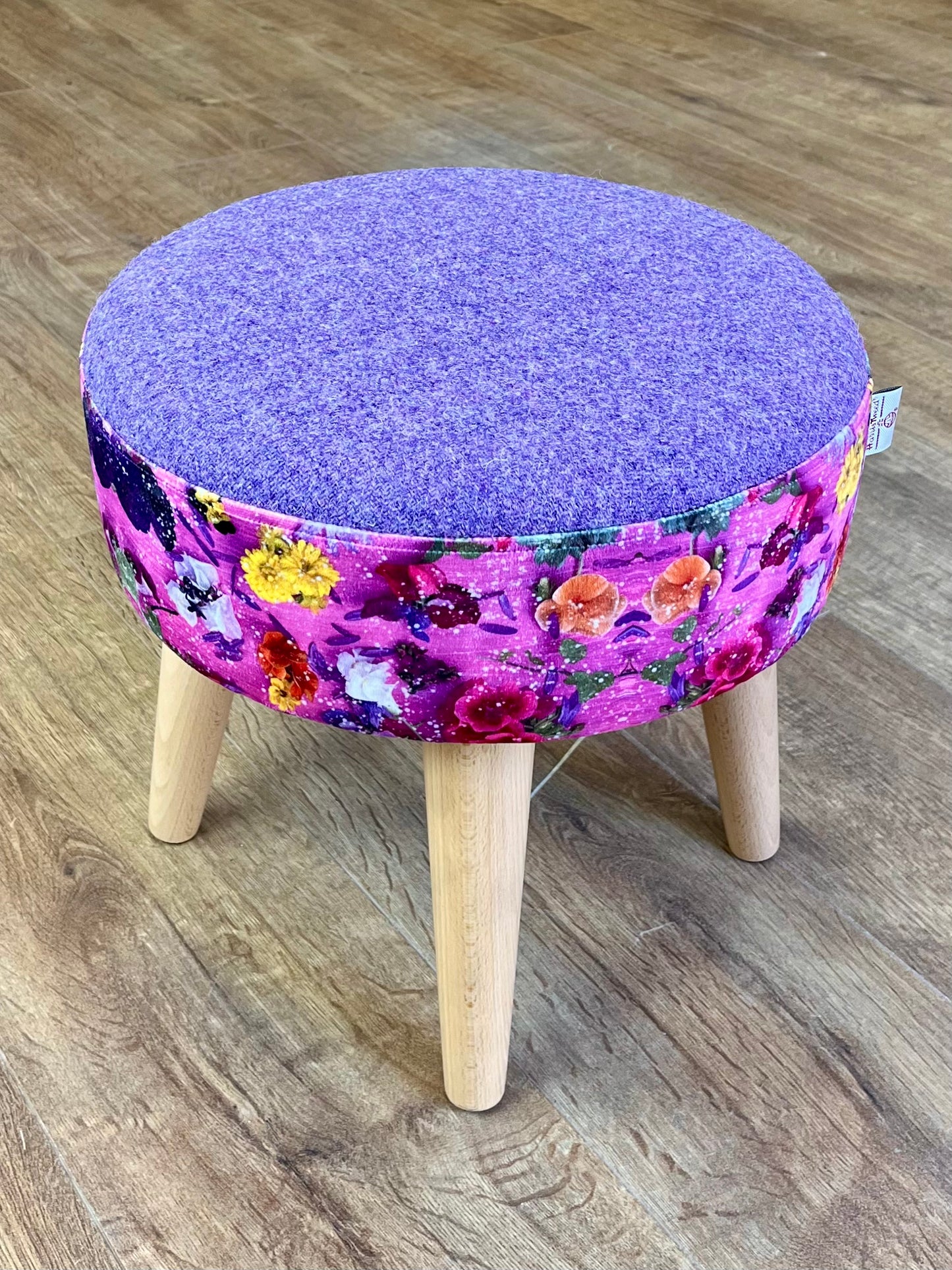 Pink Floral Velvet and Lilac Harris Tweed Small Footstool