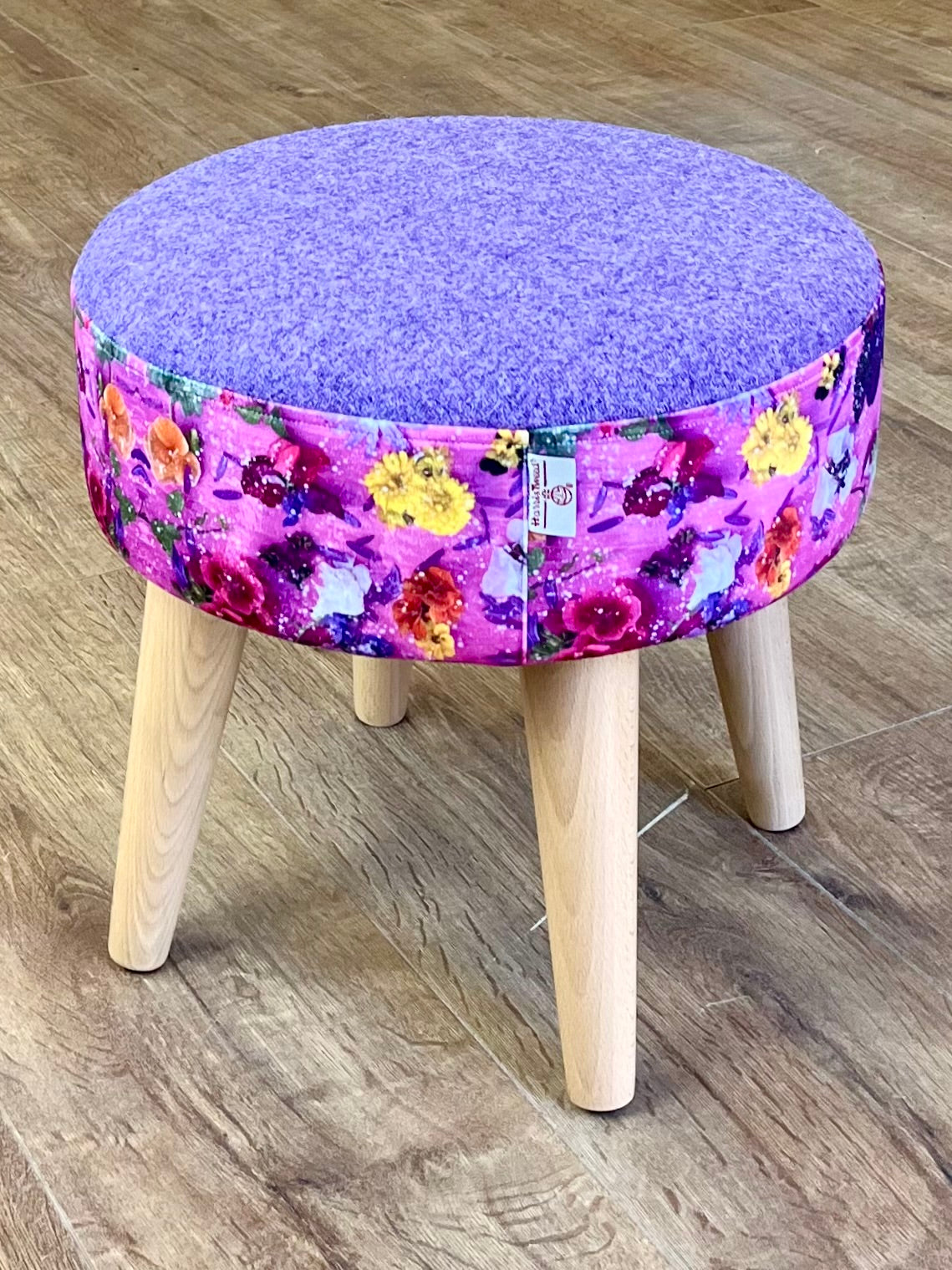 Pink Floral Velvet and Lilac Harris Tweed Small Footstool