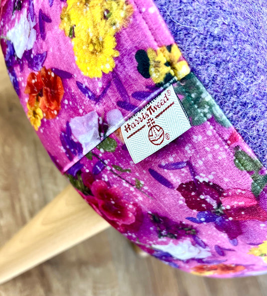 Pink Floral Velvet and Lilac Harris Tweed Small Footstool