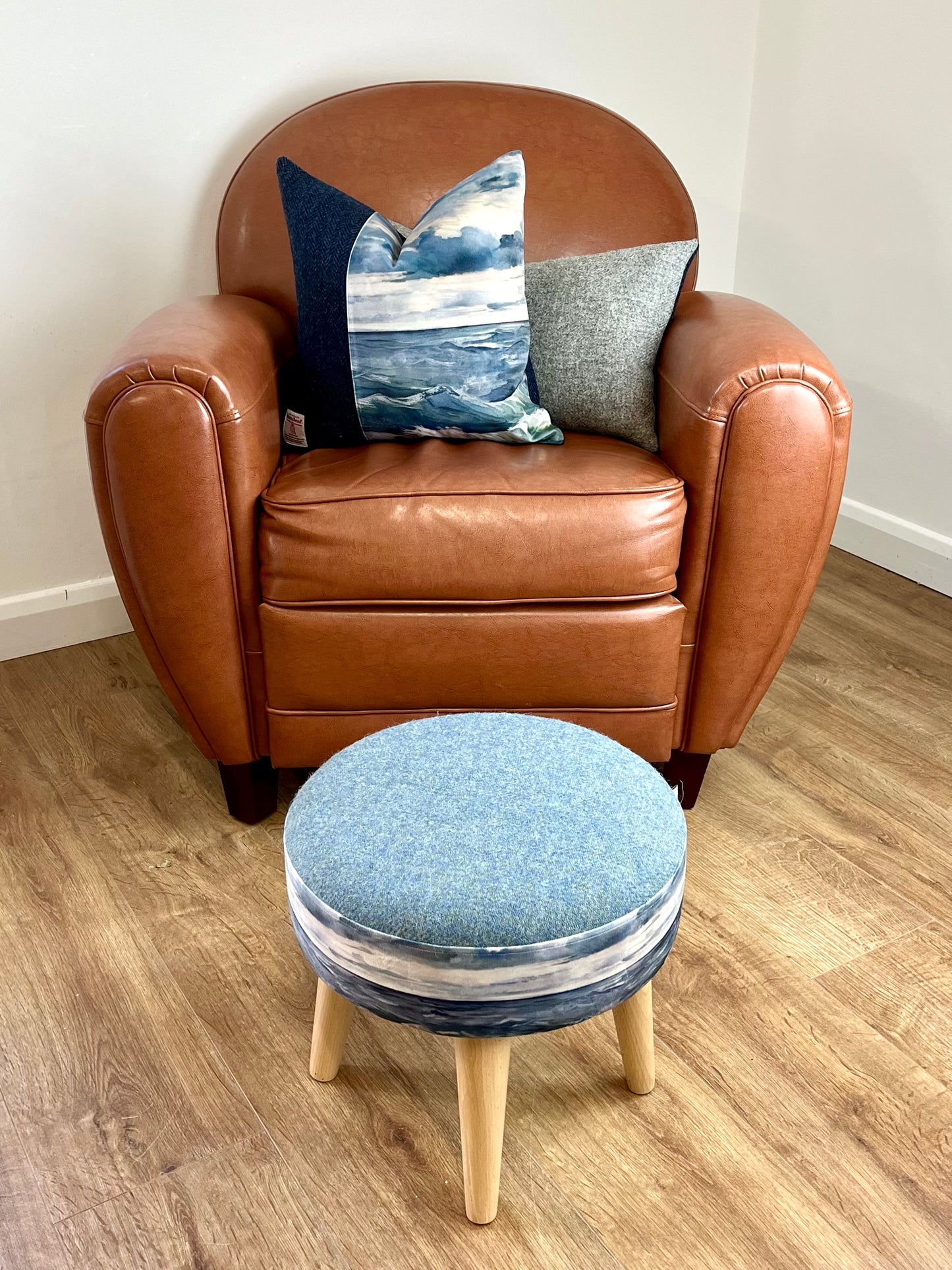 Sheigra Sea Velvet and Blue Harris Tweed Cushion 16”