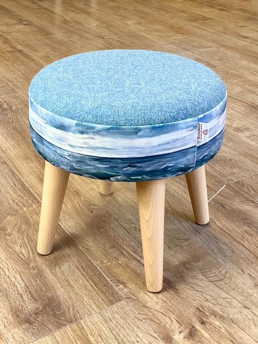 Sheigra Sea Velvet and Light Blue Harris Tweed Footstool