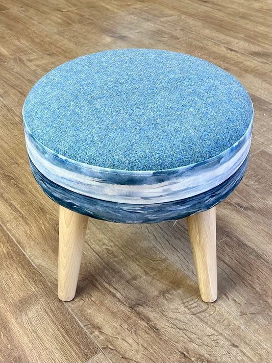 Sheigra Sea Velvet and Light Blue Harris Tweed Footstool