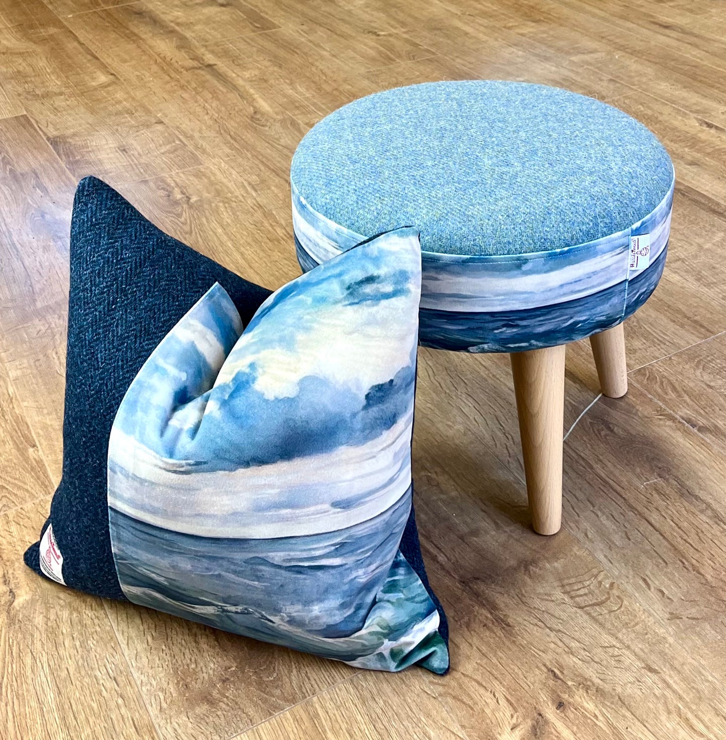 Sheigra Sea Velvet and Blue Harris Tweed Cushion 16”