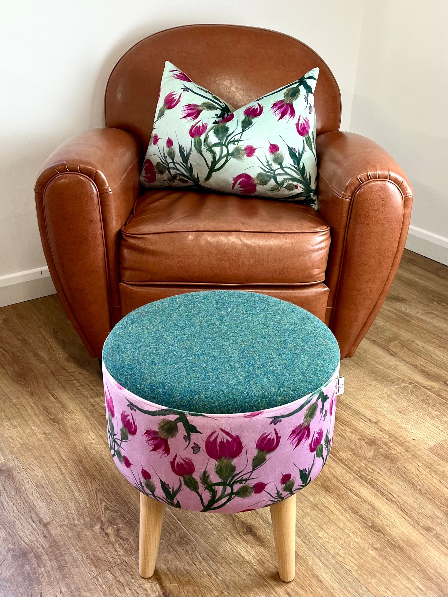 Butterfly Thistles on Pink Velvet Footstool with Green Harris Tweed