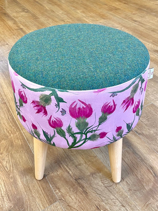 Butterfly Thistles on Pink Velvet Footstool with Green Harris Tweed