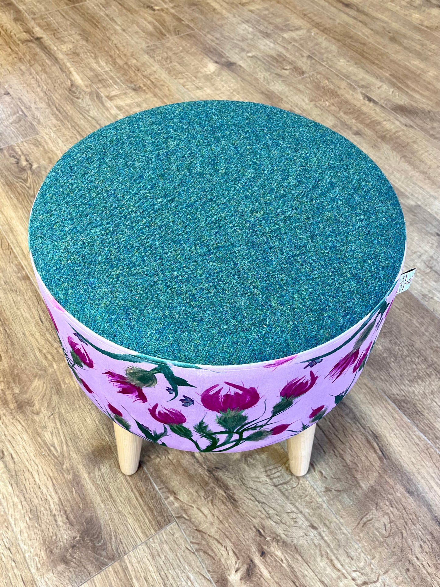 Butterfly Thistles on Pink Velvet Footstool with Green Harris Tweed